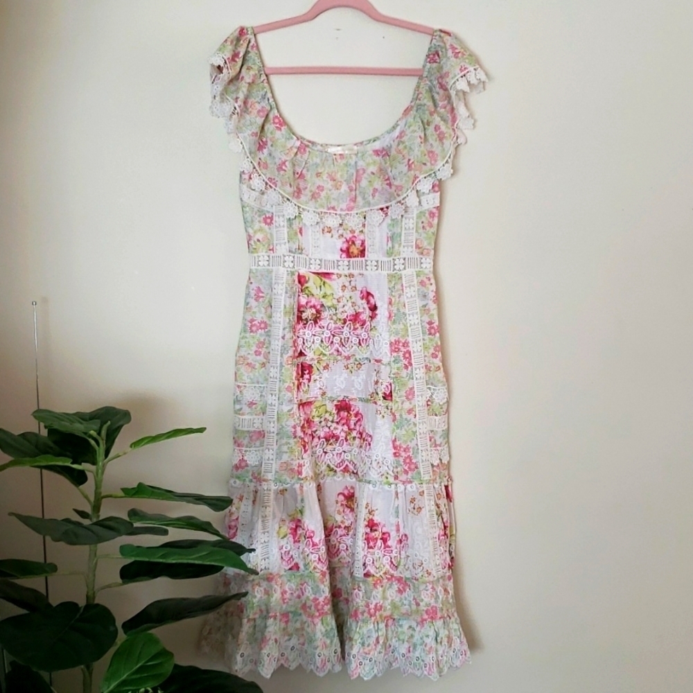Loveshackfancy Floral Print Smock Midi Dress, Boho Girly, Square Neckline, Sz 4